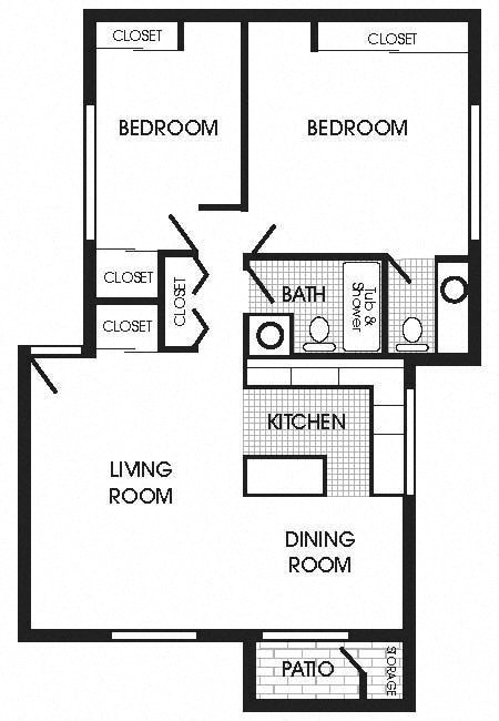 Floor plan for 2 beds, 1.5 baths, 880 sqft